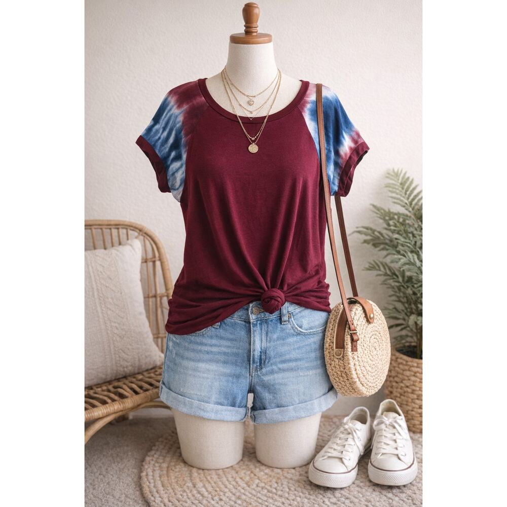 Cool Melon Burgundy Tie Dye Sleeve Top Womens Relaxed Fit Casual Tee